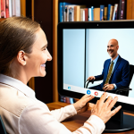 **

A supportive career coach, with a warm and empathetic smile, guiding a person in a wheelchair through a virtual job interview on a tablet. Background elements include diverse professional settings displayed on nearby screens and a bookshelf with self-help books. The overall atmosphere should be encouraging and empowering, showcasing personalized support.

**