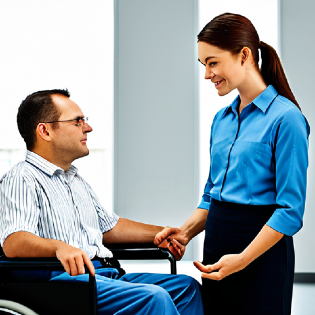 Rehabilitation Counselor in Action**

"A dedicated rehabilitation counselor, fully clothed in professional attire, assisting a person with a disability (wheelchair user) in a bright, modern office setting, reviewing career options, appropriate content, safe for work, perfect anatomy, natural pose, well-formed hands, proper finger count, natural body proportions, professional."

**