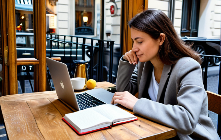 Stress Journaling in a Cozy Cafe**

"A professional woman, fully clothed in comfortable attire, sitting at a small table in a brightly lit Parisian cafe, writing in a journal. A laptop and a cup of coffee are on the table. The scene is peaceful and focused. Safe for work, appropriate content, perfect anatomy, natural pose, high quality, professional photography, family-friendly, well-formed hands, proper finger count."

**