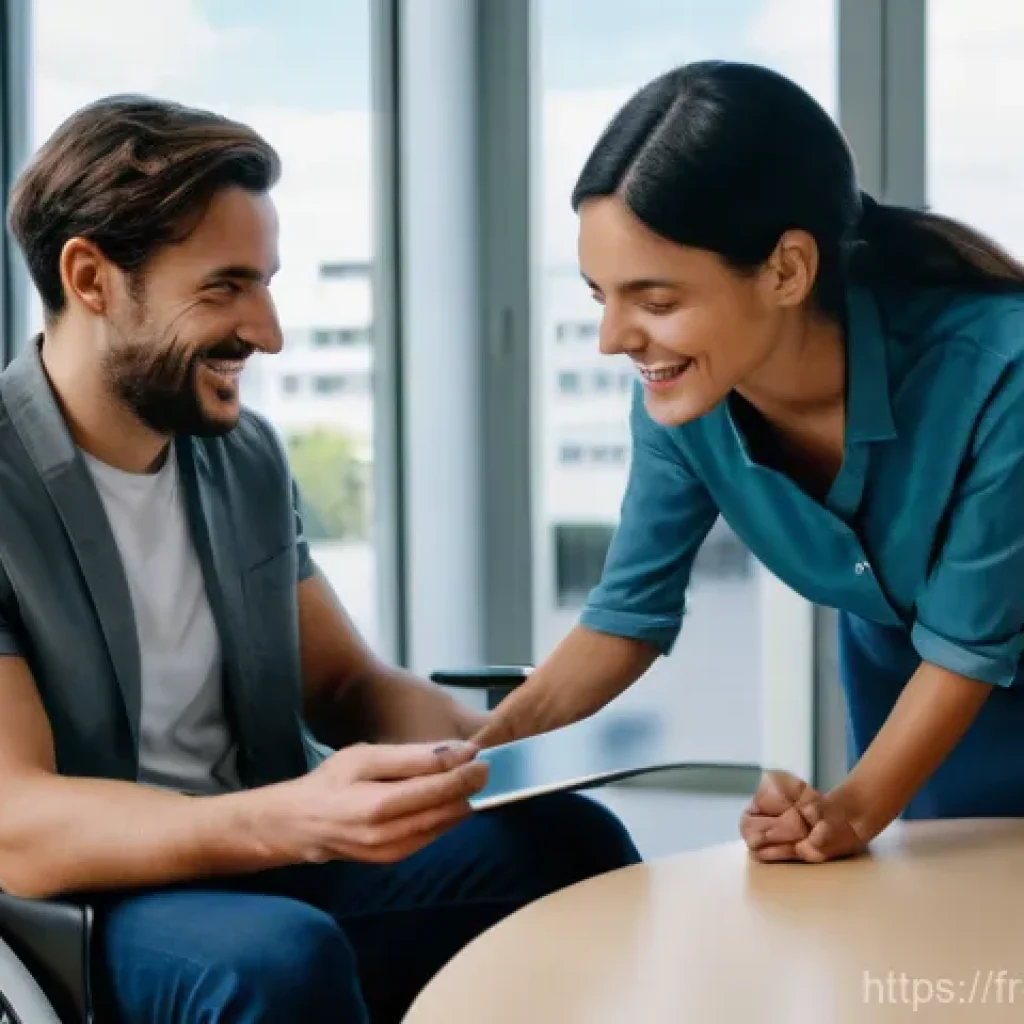 장애인재활상담사와 장애인 인식 개선 - A compassionate French rehabilitation counselor, male, with a warm smile, is seated across a table f...