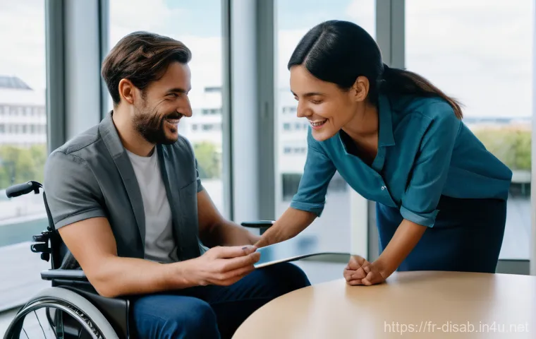 장애인재활상담사와 장애인 인식 개선 - A compassionate French rehabilitation counselor, male, with a warm smile, is seated across a table f...