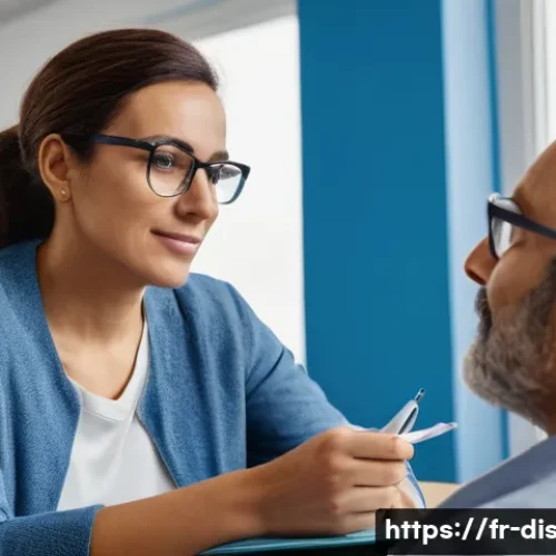 장애인재활상담사 이직 후기 - A compassionate rehabilitation counselor in a modern French social services office, attentively list...