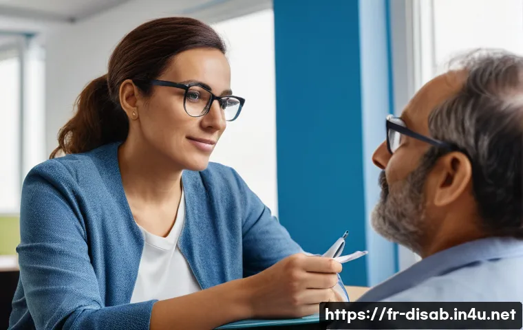 장애인재활상담사 이직 후기 - A compassionate rehabilitation counselor in a modern French social services office, attentively list...