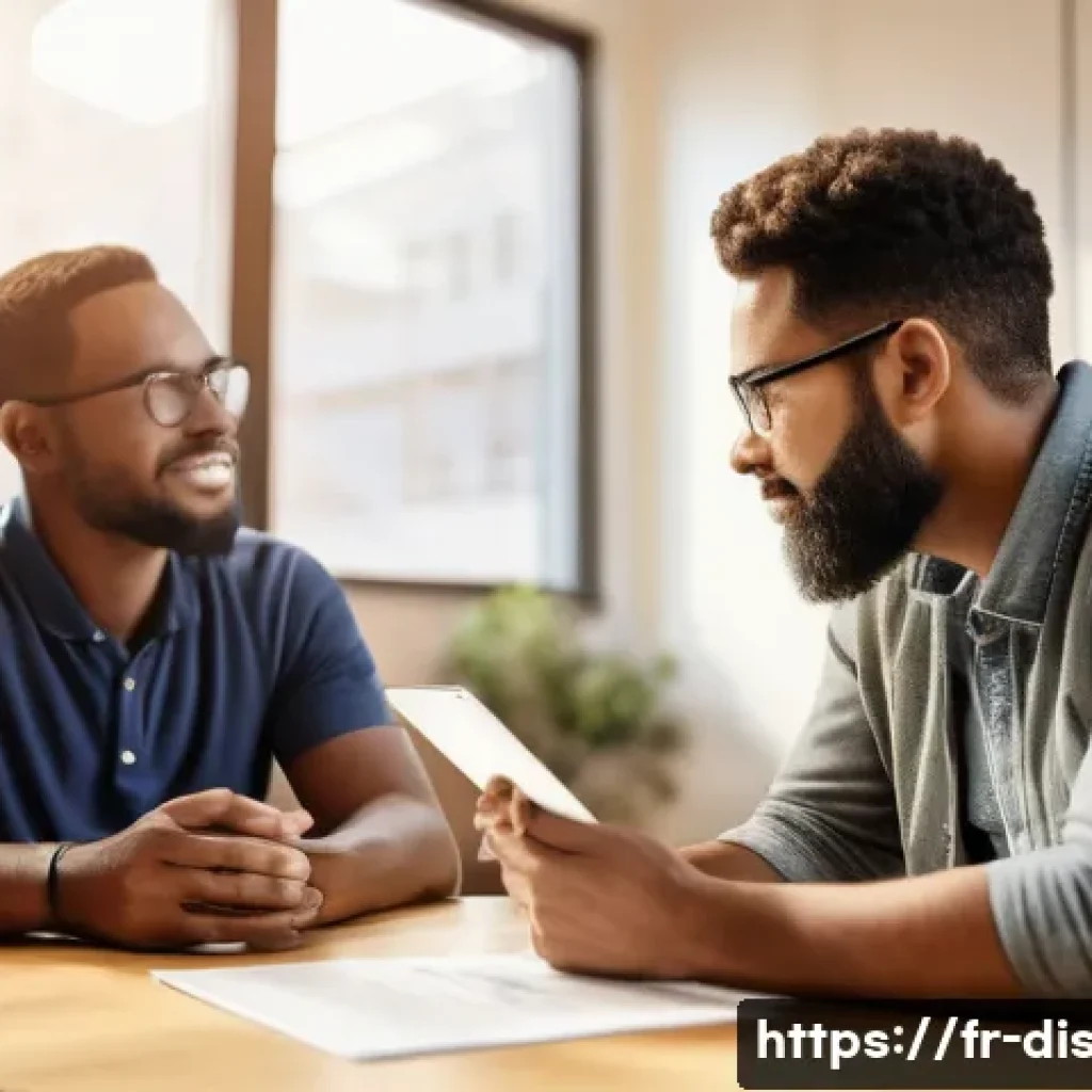 장애인재활상담사 상담 피드백 방법 - A compassionate rehabilitation counselor attentively listening to a diverse adult client with a visi...