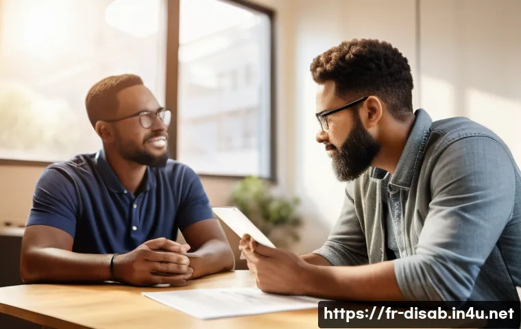 장애인재활상담사 상담 피드백 방법 - A compassionate rehabilitation counselor attentively listening to a diverse adult client with a visi...