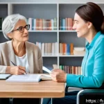장애인재활상담사와 장애 인식 조사 - A compassionate rehabilitation counselor attentively listening to a middle-aged French woman with a ...