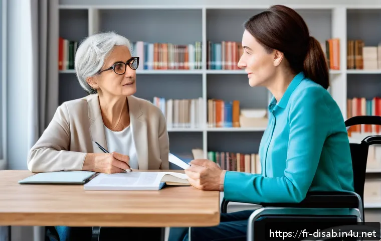 장애인재활상담사와 장애 인식 조사 - A compassionate rehabilitation counselor attentively listening to a middle-aged French woman with a ...