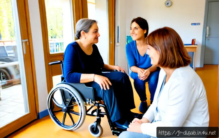 장애인재활상담사 장단점 - Photorealistic rehabilitation counselor in a bright French community health center, warmly listening...