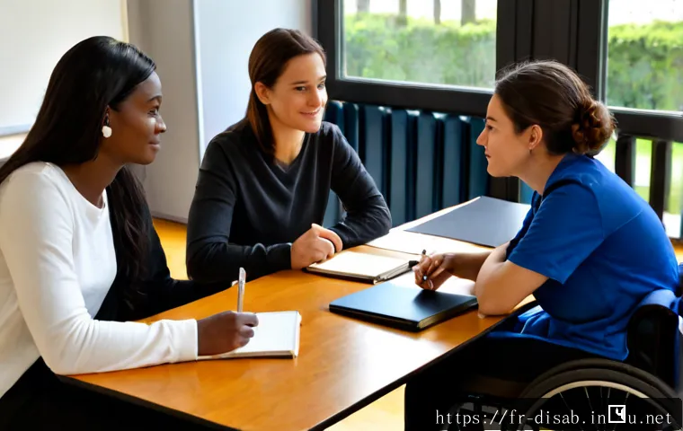 장애인재활상담사 관련 대학원 - Photorealistic French university rehabilitation counseling graduate seminar, a diverse group of adul...